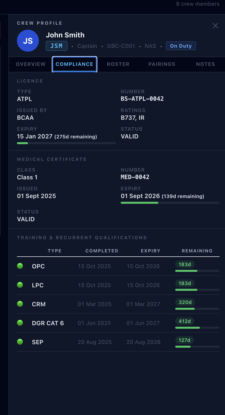 VERUM Crew Control — FDP legality, rolling hours and crew assignment surface.